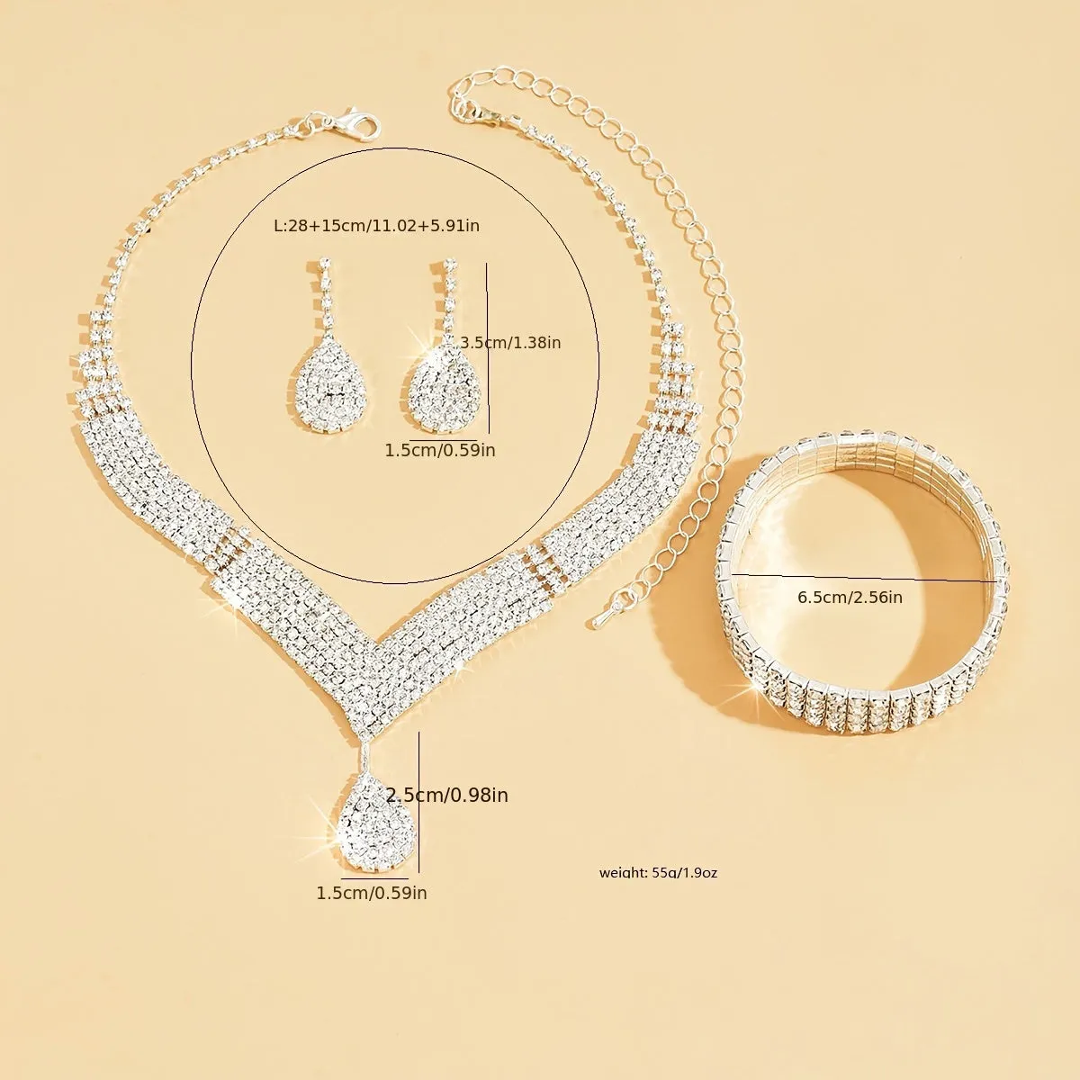 1 Pair Dangle Earrings  1pc Necklace  1 Pc Bracelet With Water Drop Pendant Copper Jewelry Set Rhinestones Inlaid Elegant Sexy Style Female Gift Gifts For Eid