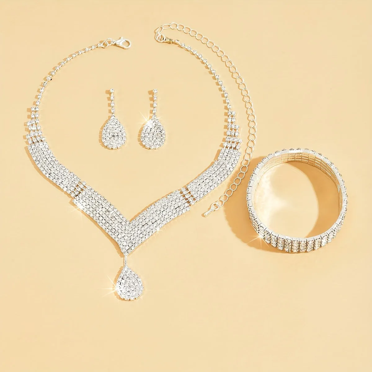 1 Pair Dangle Earrings  1pc Necklace  1 Pc Bracelet With Water Drop Pendant Copper Jewelry Set Rhinestones Inlaid Elegant Sexy Style Female Gift Gifts For Eid