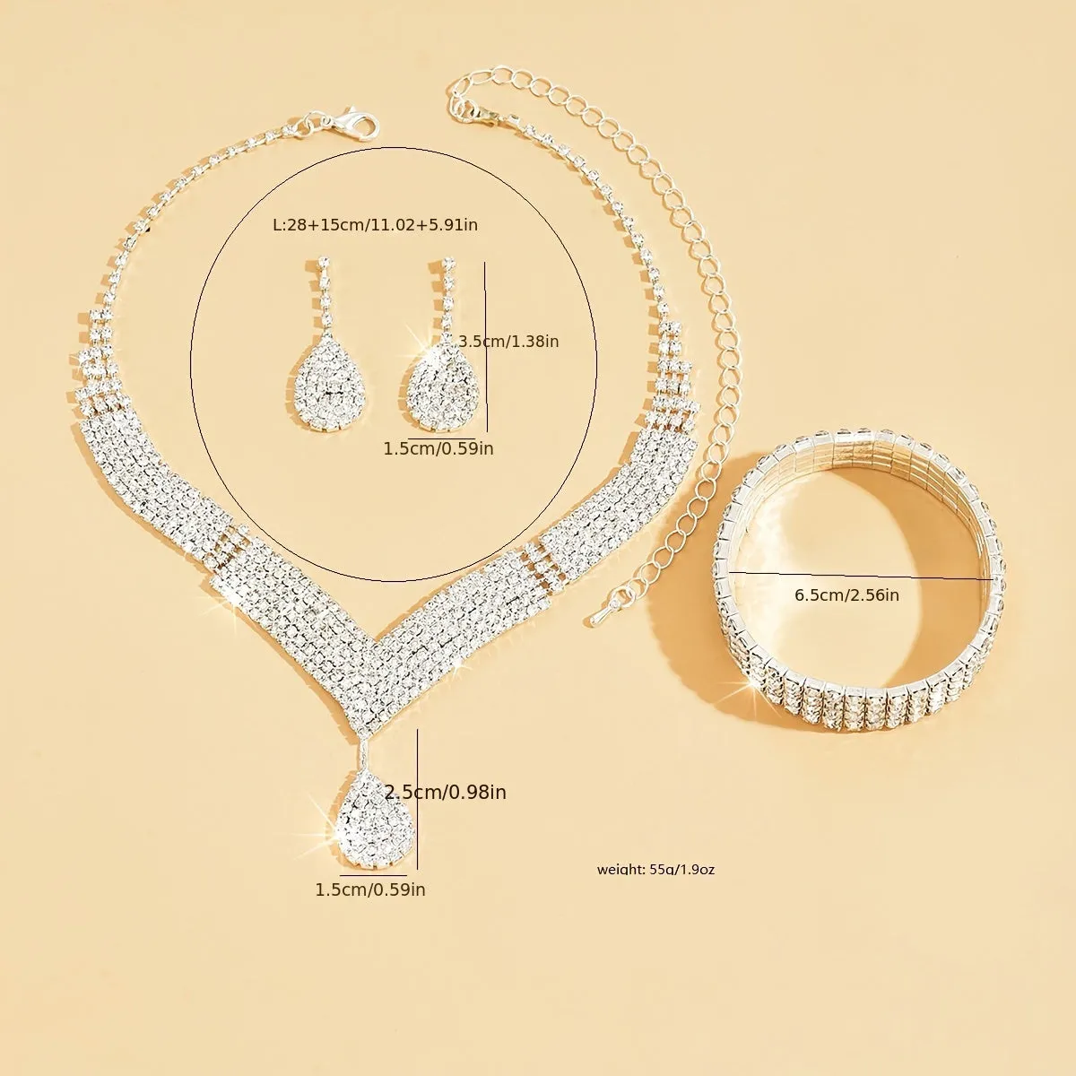 1 Pair Dangle Earrings  1pc Necklace  1 Pc Bracelet With Water Drop Pendant Copper Jewelry Set Rhinestones Inlaid Elegant Sexy Style Female Gift Gifts For Eid
