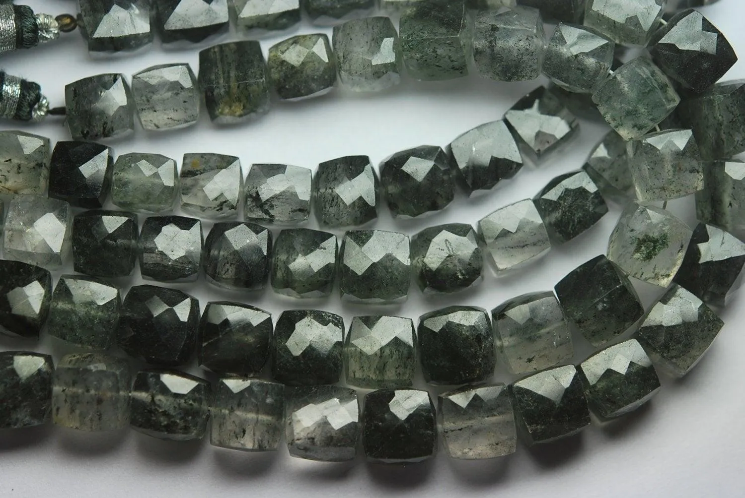 10 Inches, 7mm, Black Tourmalinated Faceted Box Shape Briolettes Loose Gemstone Beads
