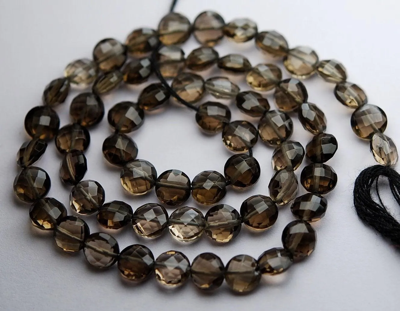 14 Inch Strand, Finest Quality, Natural Smoky Quartz Faceted Coins Beads, 7mm