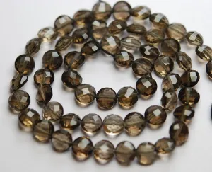 14 Inch Strand, Finest Quality, Natural Smoky Quartz Faceted Coins Beads, 7mm