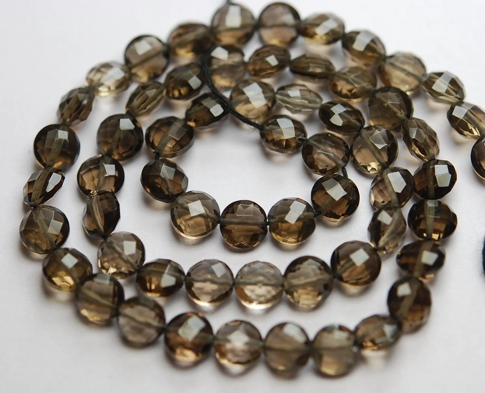 14 Inch Strand, Finest Quality, Natural Smoky Quartz Faceted Coins Beads, 7mm