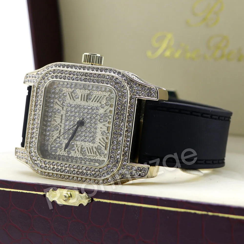 14K Gold PT Square Shape Black Band Watch F67G