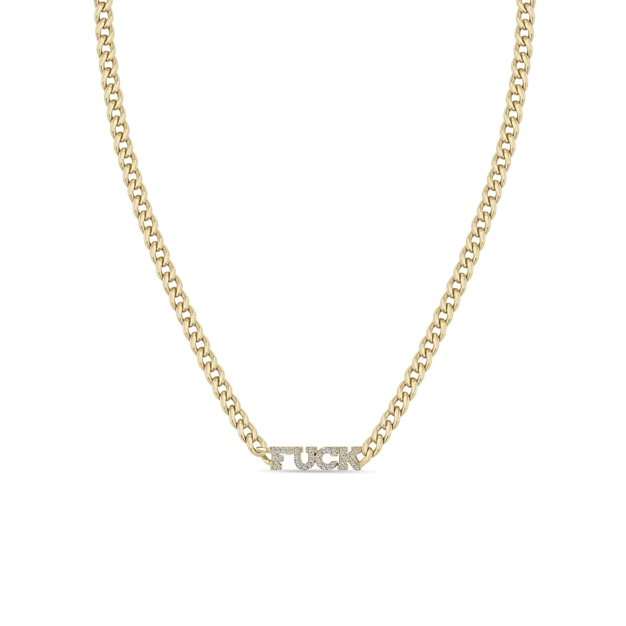 14k Itty Bitty Pavé Diamond FUCK Small Curb Chain Necklace