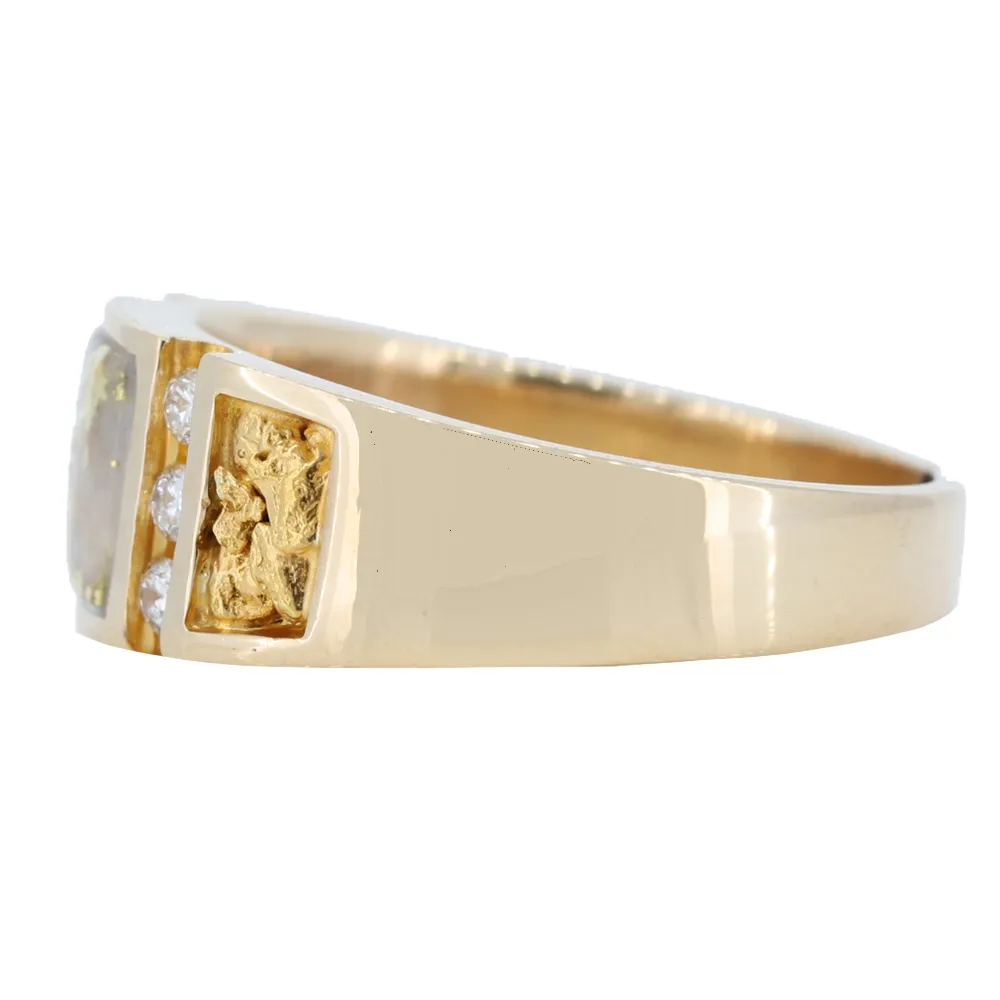 14K Yellow Gold Quartz & Gold Nugget Ring With 0.18Ct Diamonds