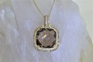 14K Yellow Gold Square Smoky Quartz And Diamond Pendant