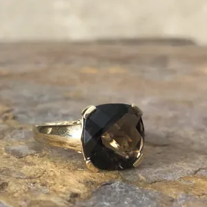 14KT Yellow Gold Checkerboard Cushion Square Smokey Quartz Ring