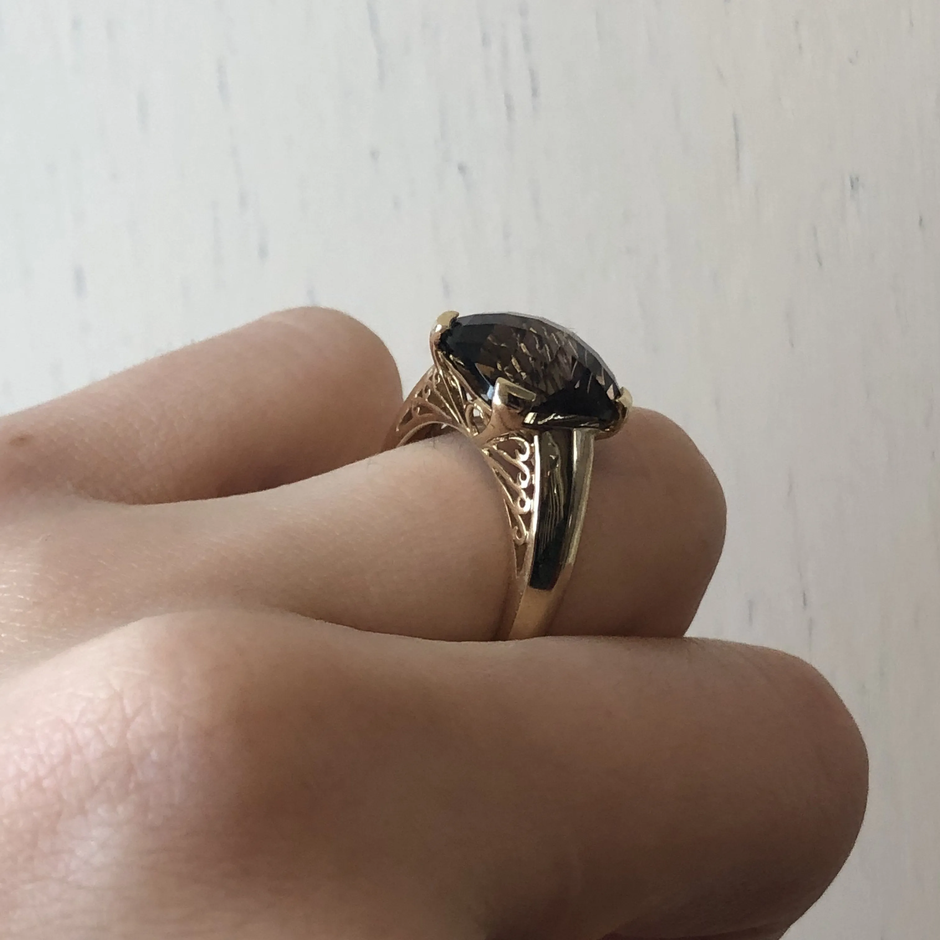 14KT Yellow Gold Checkerboard Cushion Square Smokey Quartz Ring