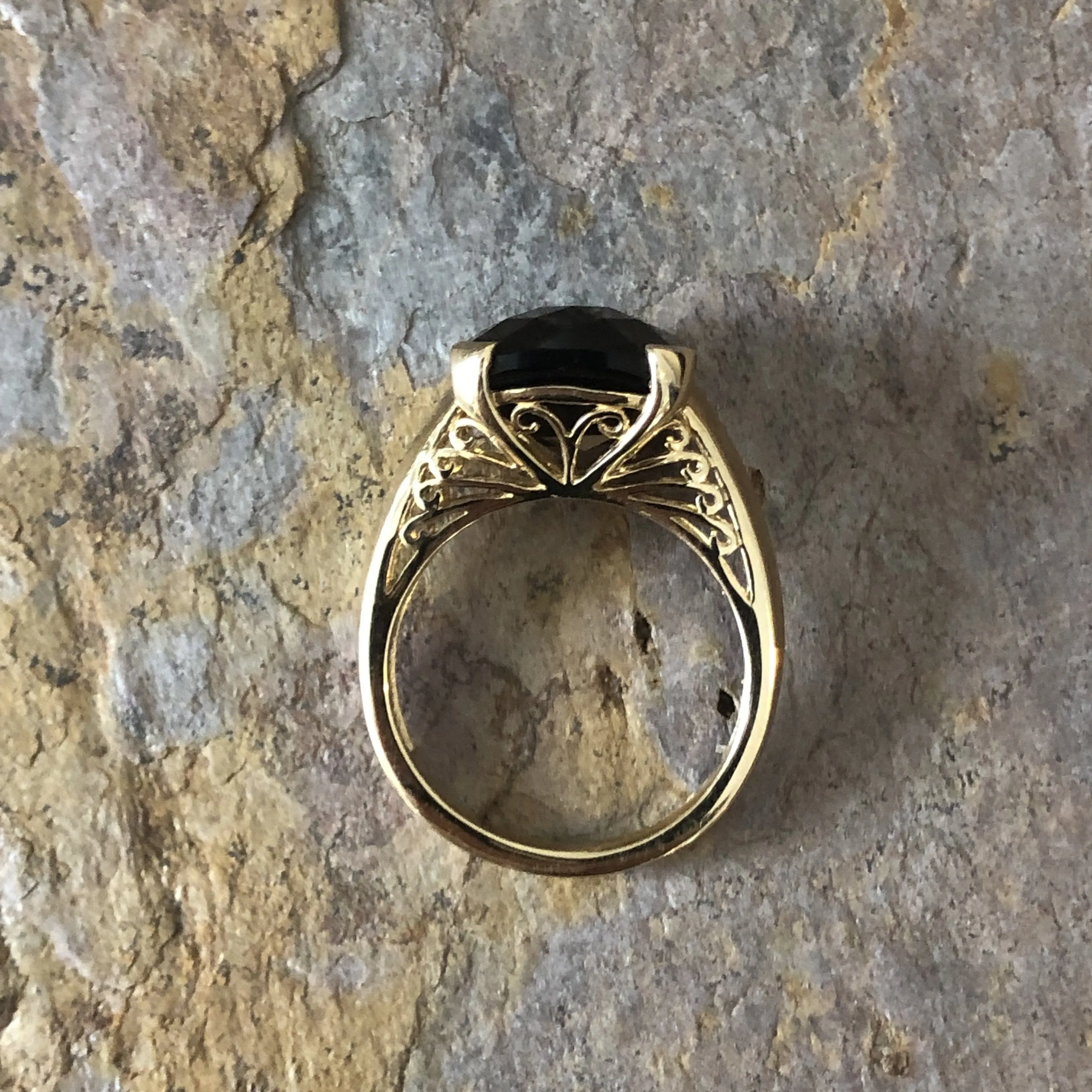 14KT Yellow Gold Checkerboard Cushion Square Smokey Quartz Ring