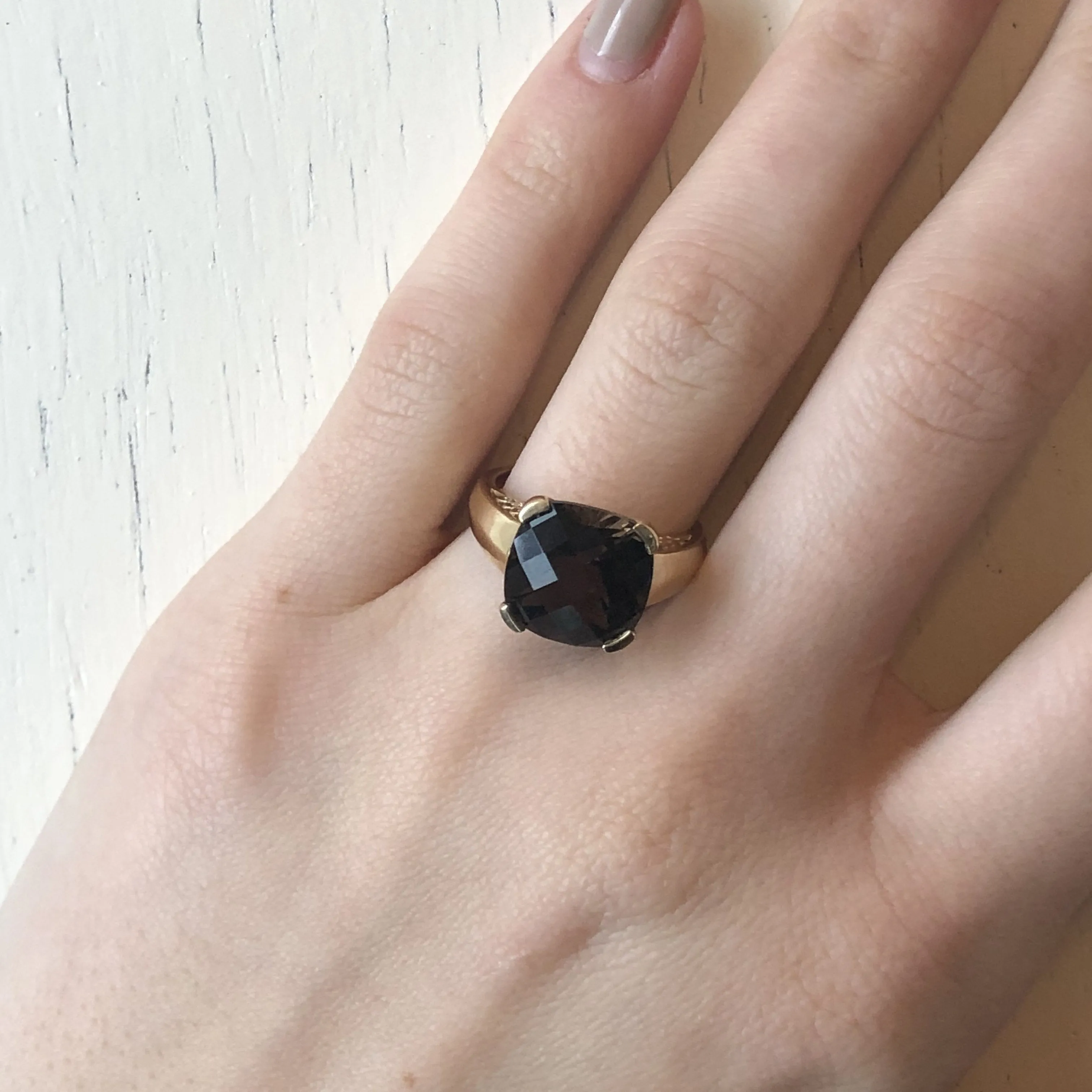 14KT Yellow Gold Checkerboard Cushion Square Smokey Quartz Ring