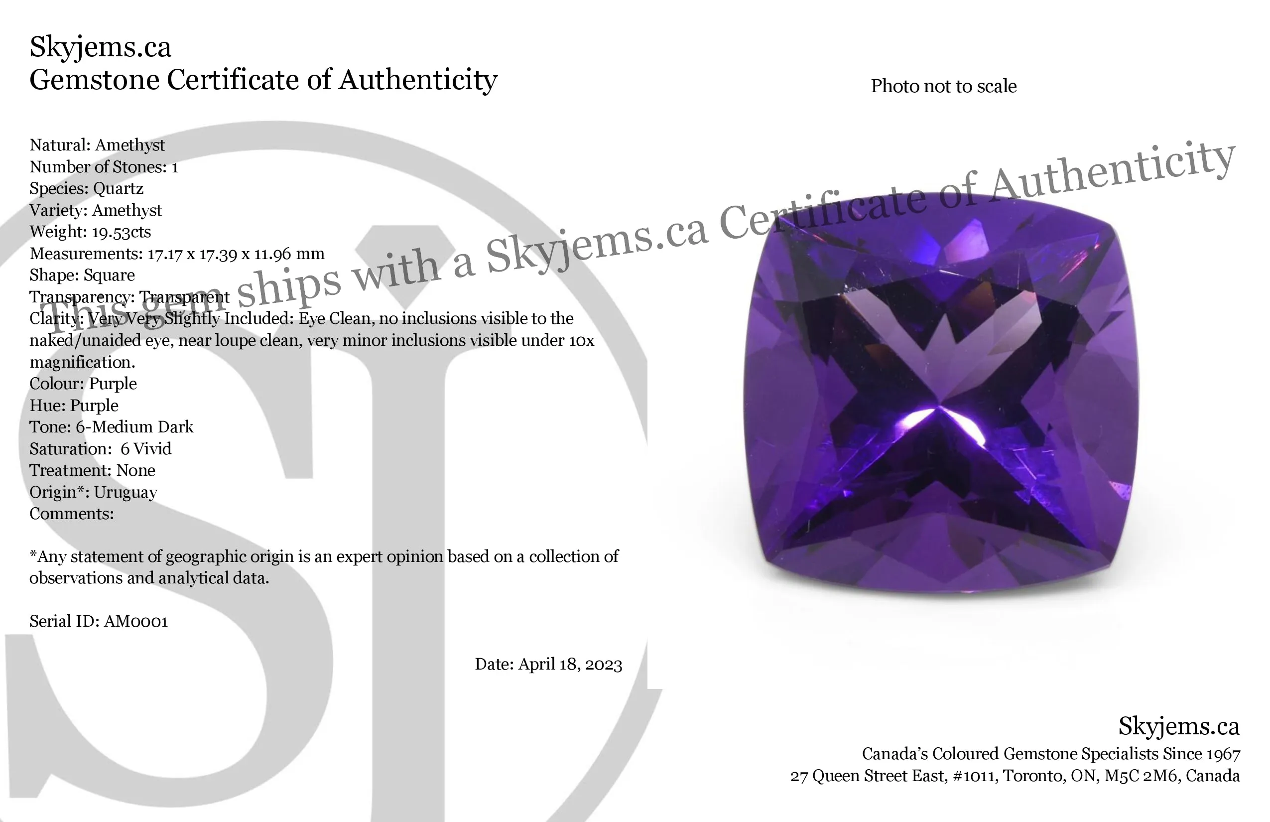 19.53ct Cushion Square Purple Amethyst from Uruguay