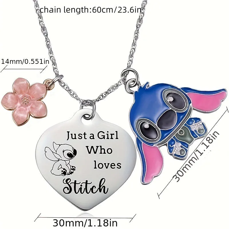 1pc Disney Stitch Heart Pendant Necklace, Cute Women Fashionable Versatile Daily Party Wear Jewelry Decoration Birthday Gifts