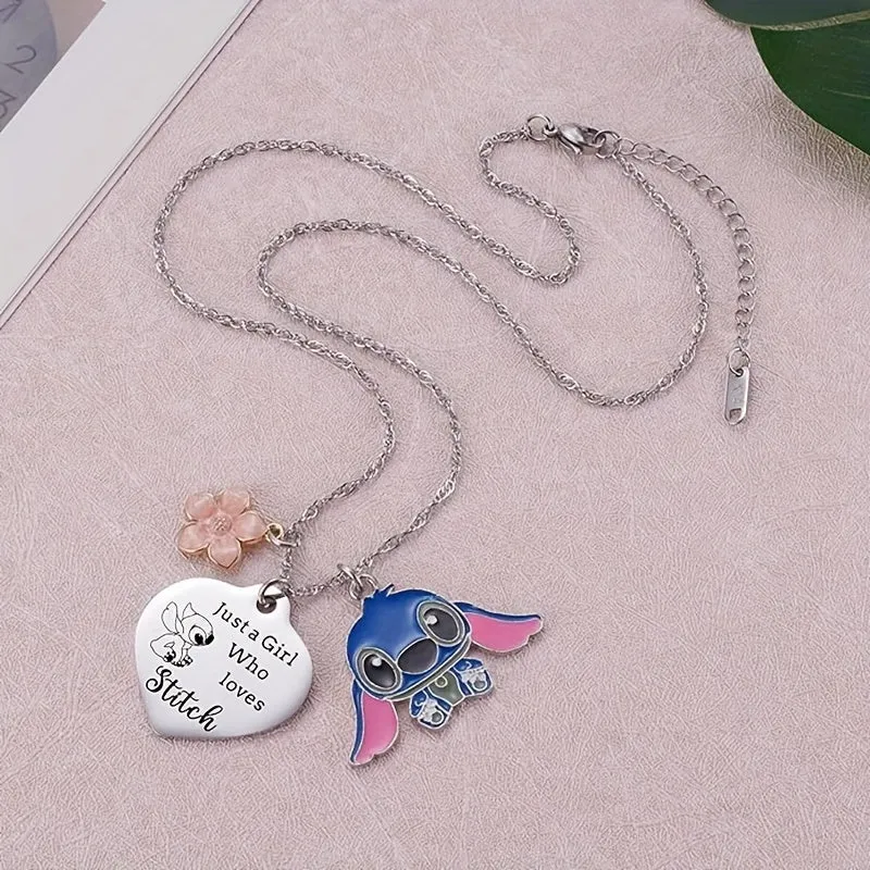 1pc Disney Stitch Heart Pendant Necklace, Cute Women Fashionable Versatile Daily Party Wear Jewelry Decoration Birthday Gifts