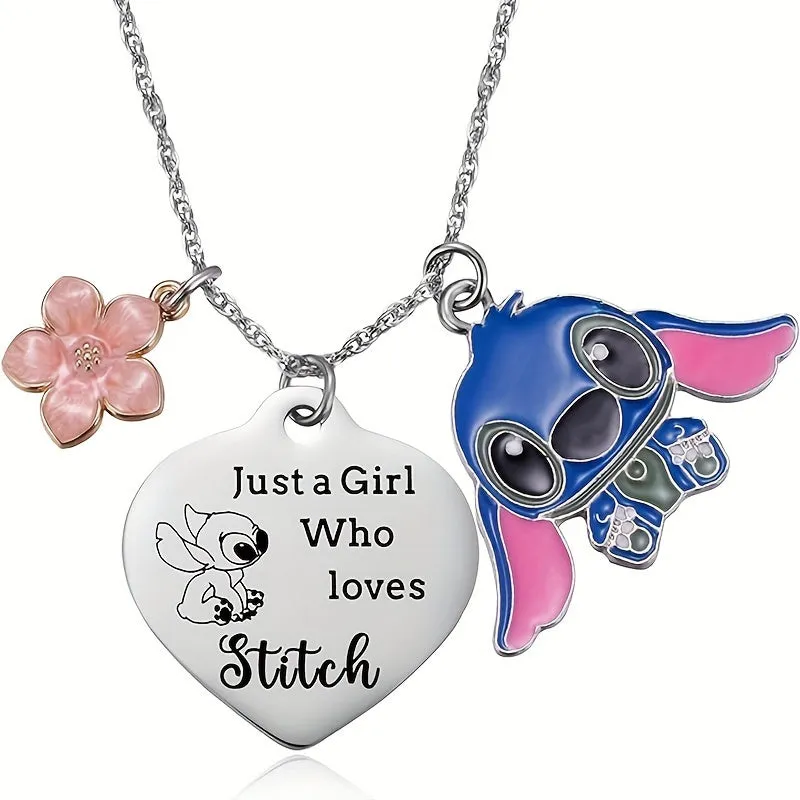 1pc Disney Stitch Heart Pendant Necklace, Cute Women Fashionable Versatile Daily Party Wear Jewelry Decoration Birthday Gifts