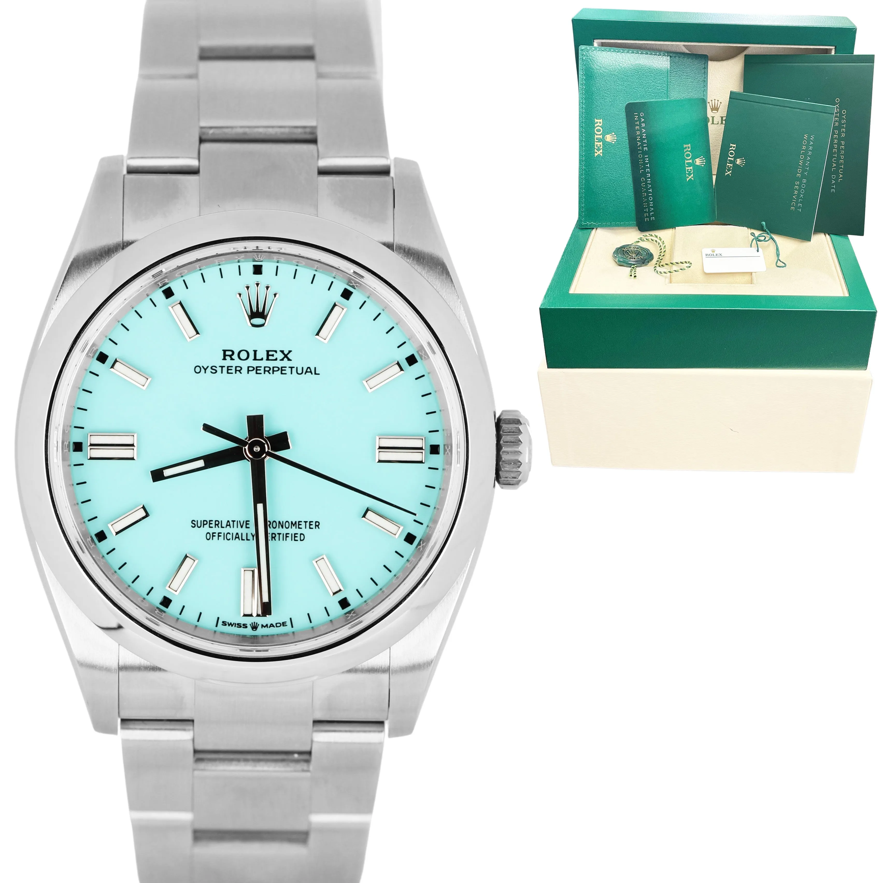 2022 Rolex Oyster Perpetual 36mm Turquoise Blue Steel 126000 Watch B&P