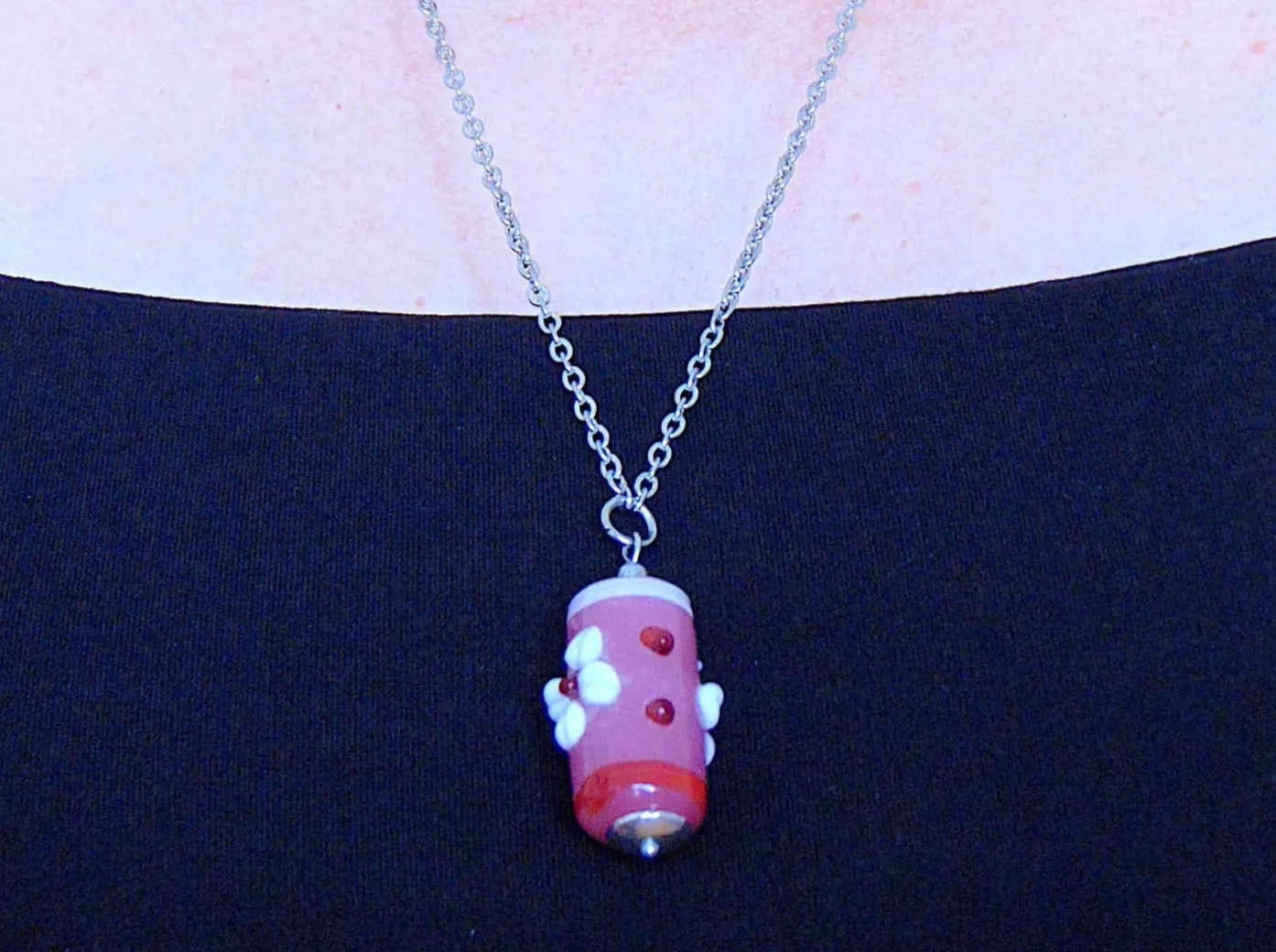 24- or 29-inch necklace with Murano glass cylinder in pink tones, 3D flowers, stainless steel chain