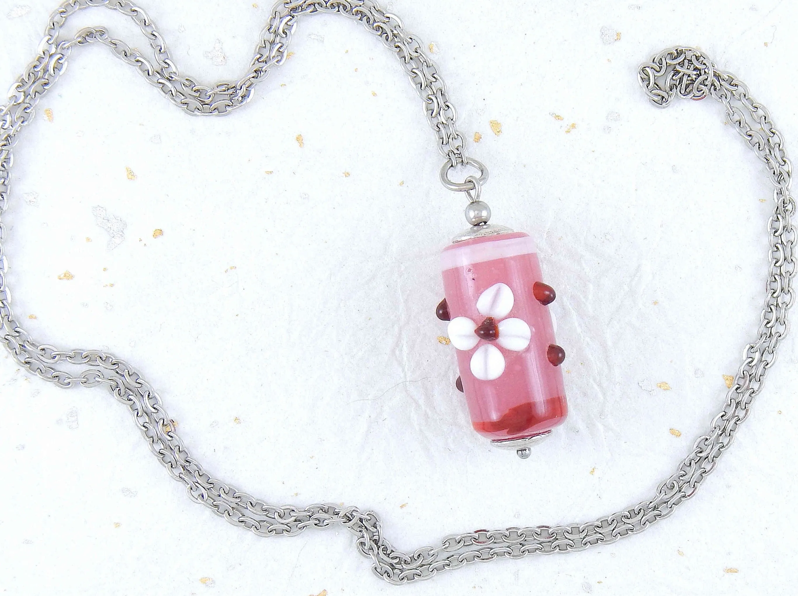 24- or 29-inch necklace with Murano glass cylinder in pink tones, 3D flowers, stainless steel chain