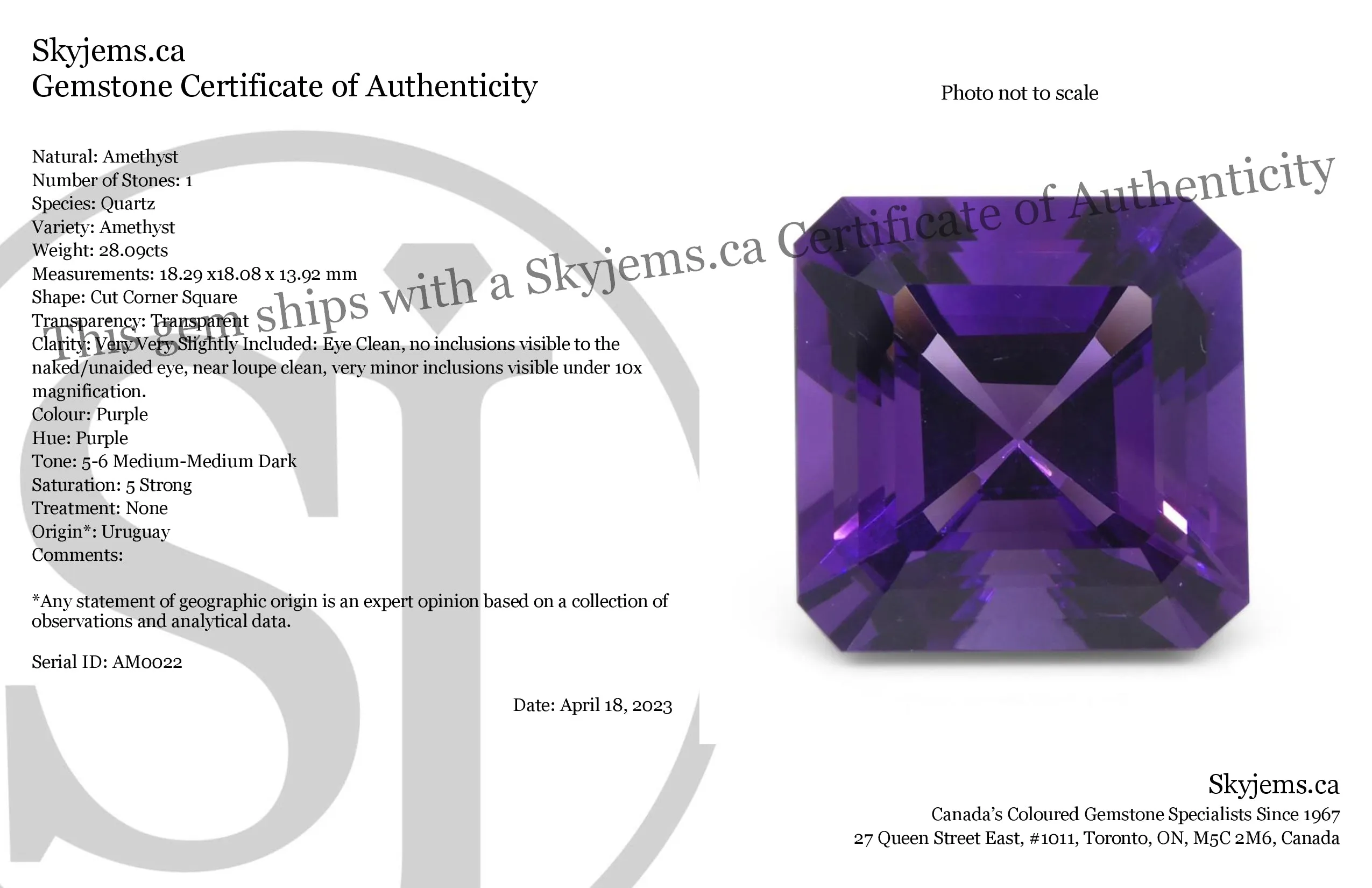 28.09ct Square Purple Amethyst from Uruguay