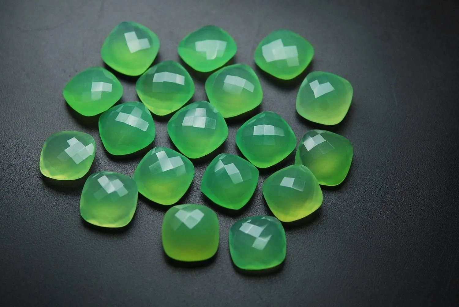 3 Matched Pair Undrilled Prehnite Chalcedony Faceted Cushion Shape, 15mm