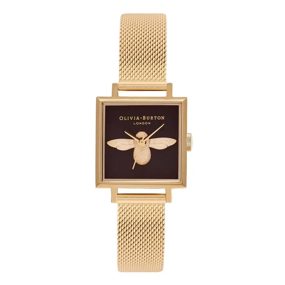 3D Bee Square Dial Gold Mesh Watch