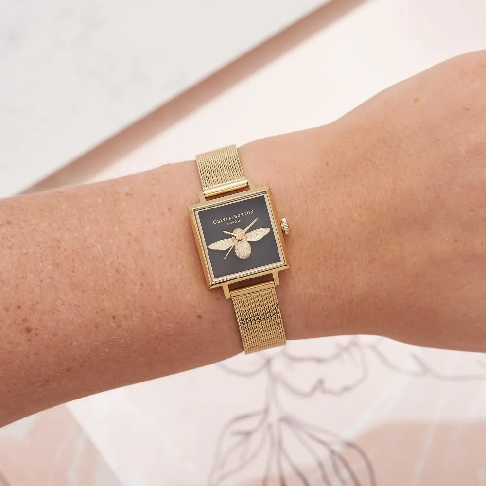 3D Bee Square Dial Gold Mesh Watch