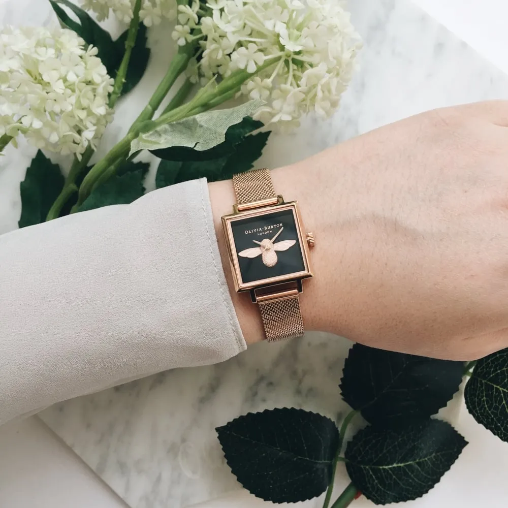 3D Bee Square Dial Midnight and Rose Gold Mesh Watch