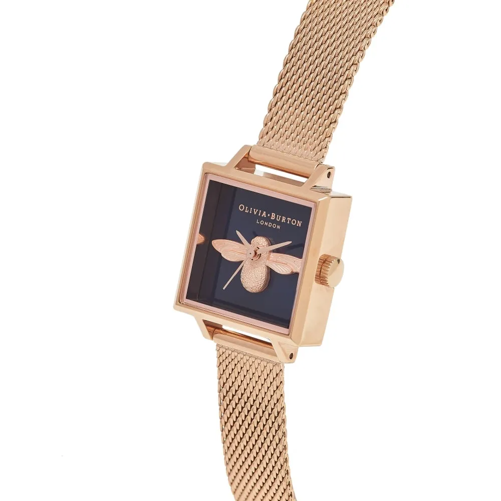 3D Bee Square Dial Midnight and Rose Gold Mesh Watch