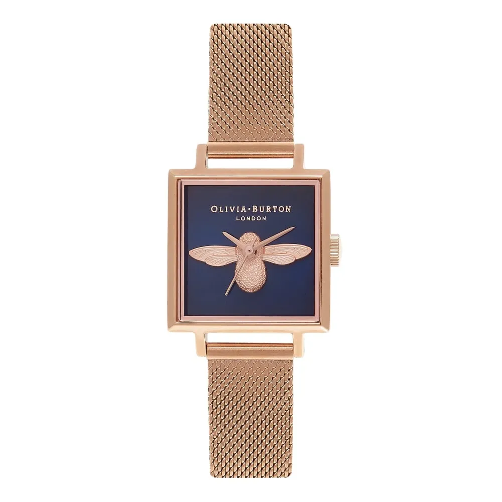 3D Bee Square Dial Midnight and Rose Gold Mesh Watch