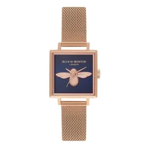 3D Bee Square Dial Midnight and Rose Gold Mesh Watch