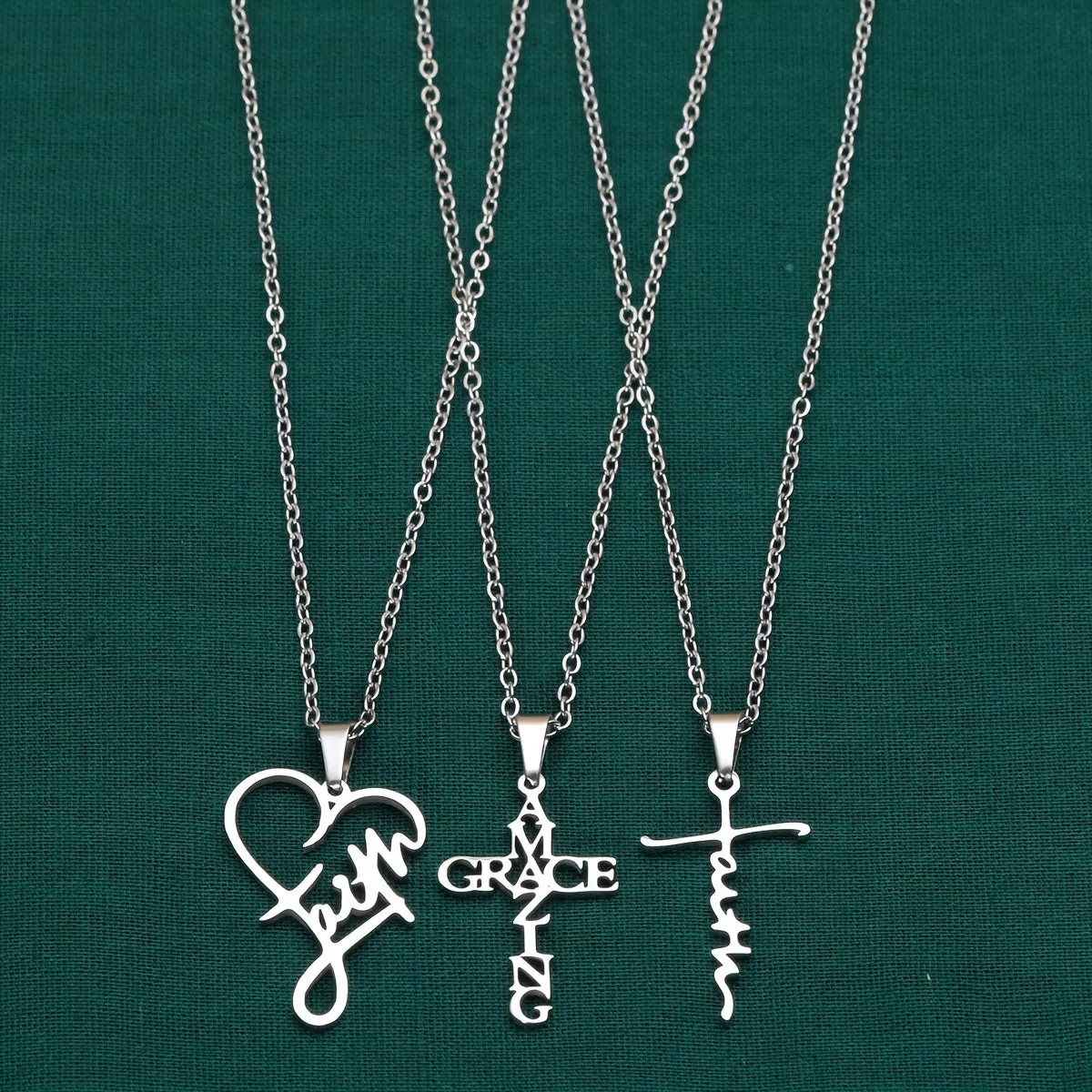 3pcs Stainless Steel Christian Faith Words Pendant Necklace, Unisex Couple Jewelry Gift