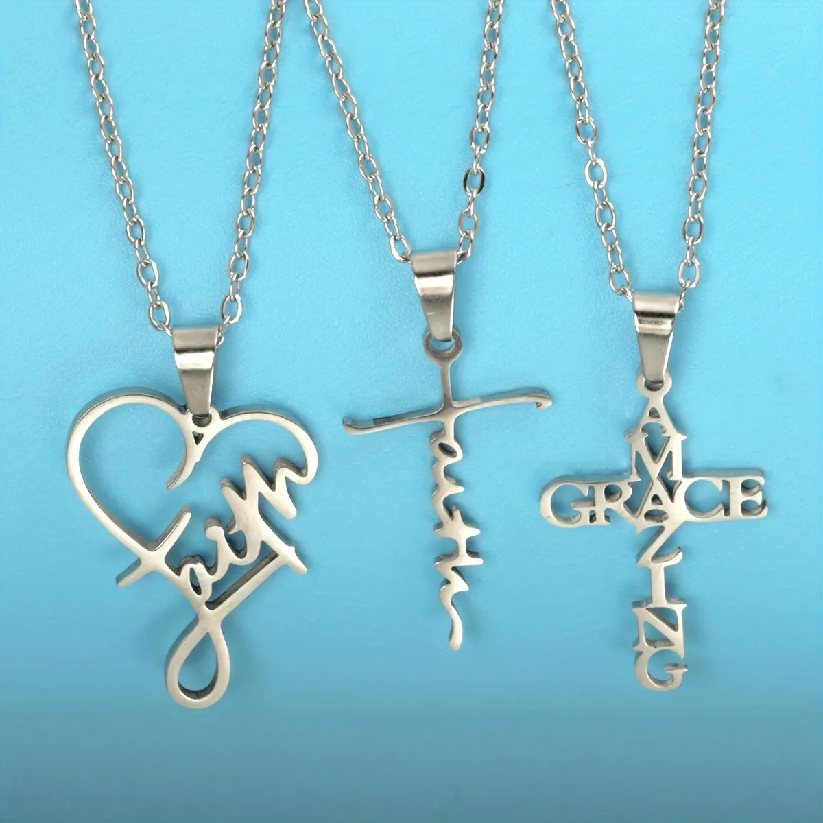 3pcs Stainless Steel Christian Faith Words Pendant Necklace, Unisex Couple Jewelry Gift