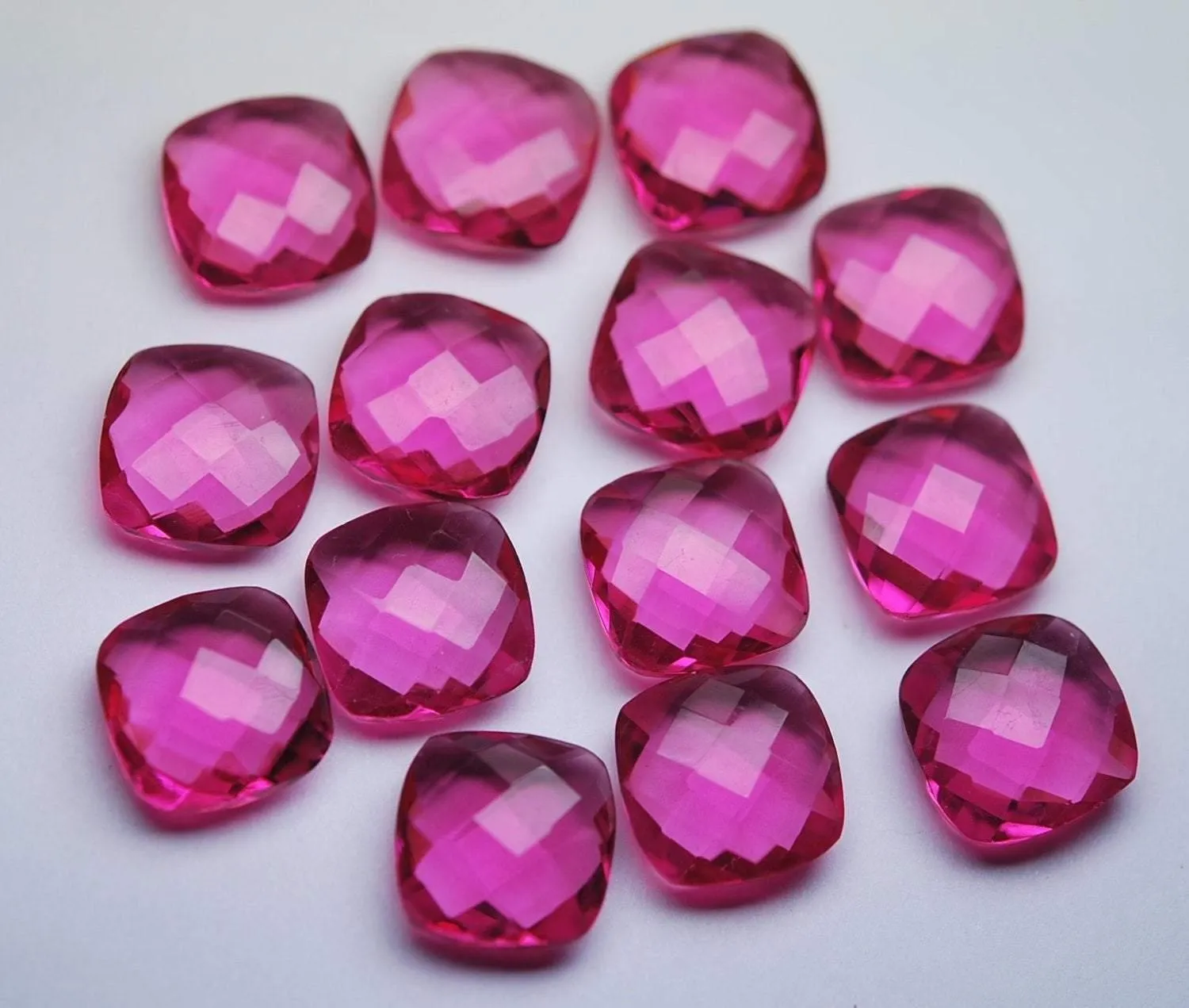 4 Matched Pairs,Pink Rubellite Quartz Faceted Cushion Shaped Briolettes, 12mm