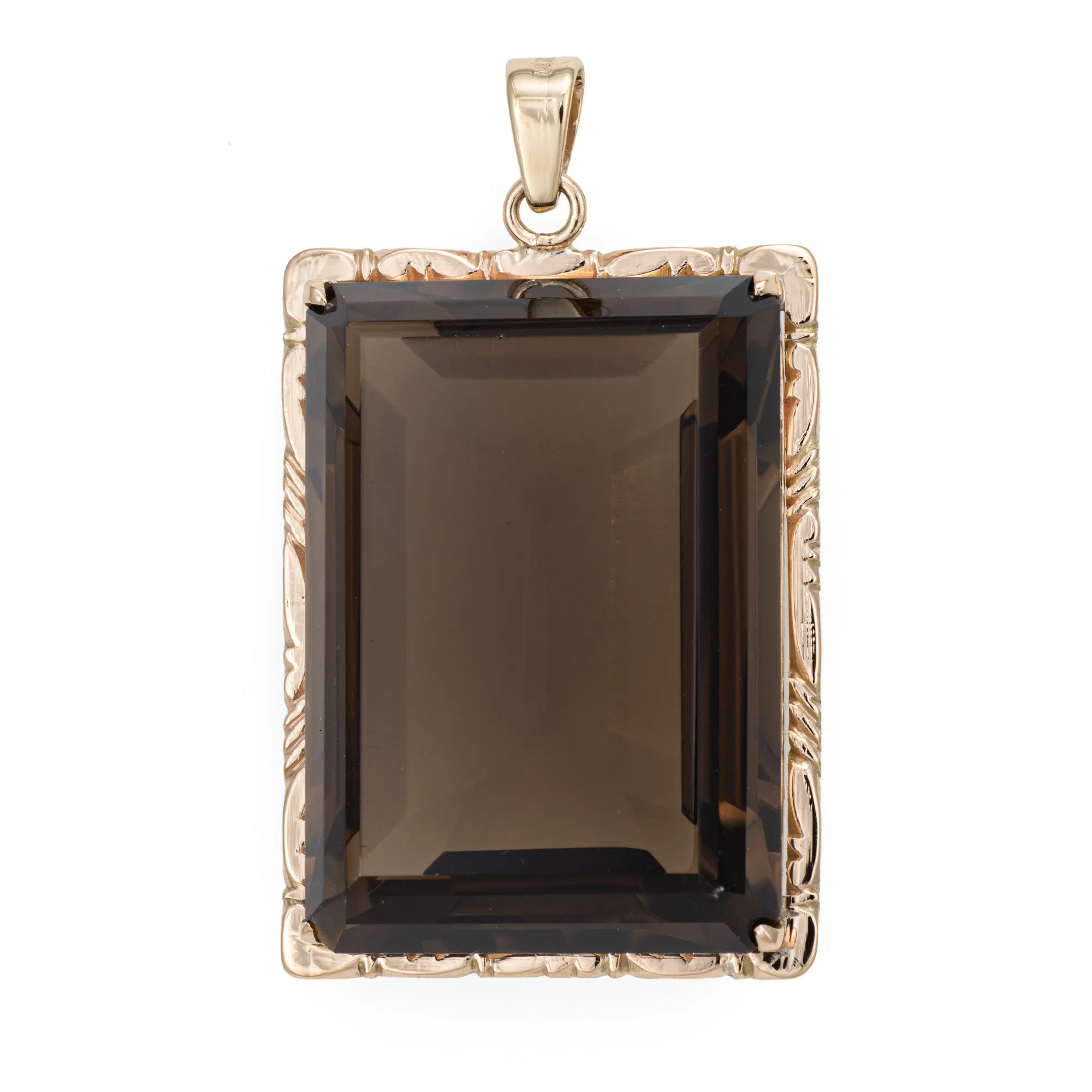 60s Huge 82ct Smoky Quartz Pendant 14k Yellow Gold Large Square Fine Jewelry