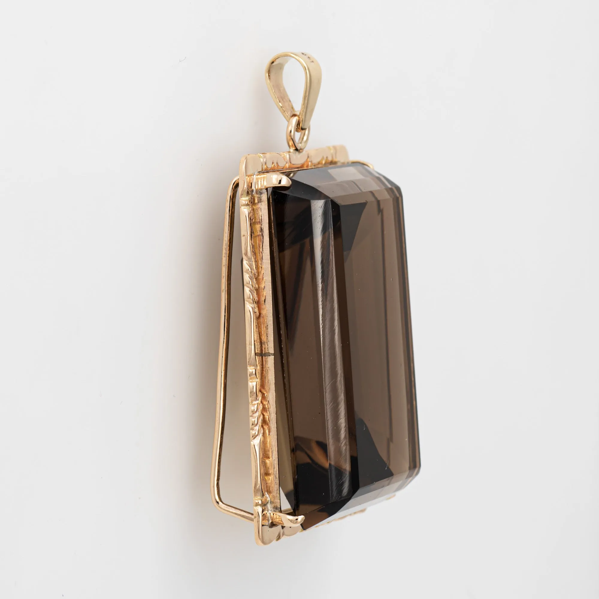 60s Huge 82ct Smoky Quartz Pendant 14k Yellow Gold Large Square Fine Jewelry