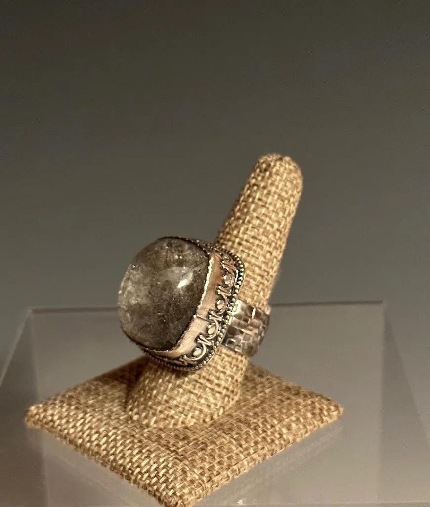 .925 BLACK TOURMALATED QUARTZ  STATEMENT RING BR140