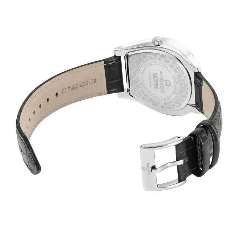 Aigner Siena Gents Silver Dial Stainless Steel Case Black Leather Strap Watch