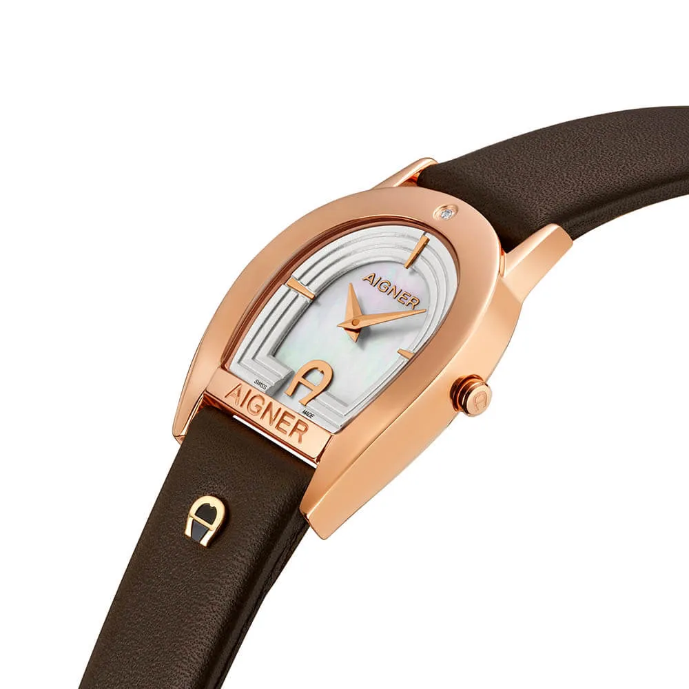 Aigner Varese Women's Rose Gold Case With White MOP Dial And Brown Leather Strap Watch