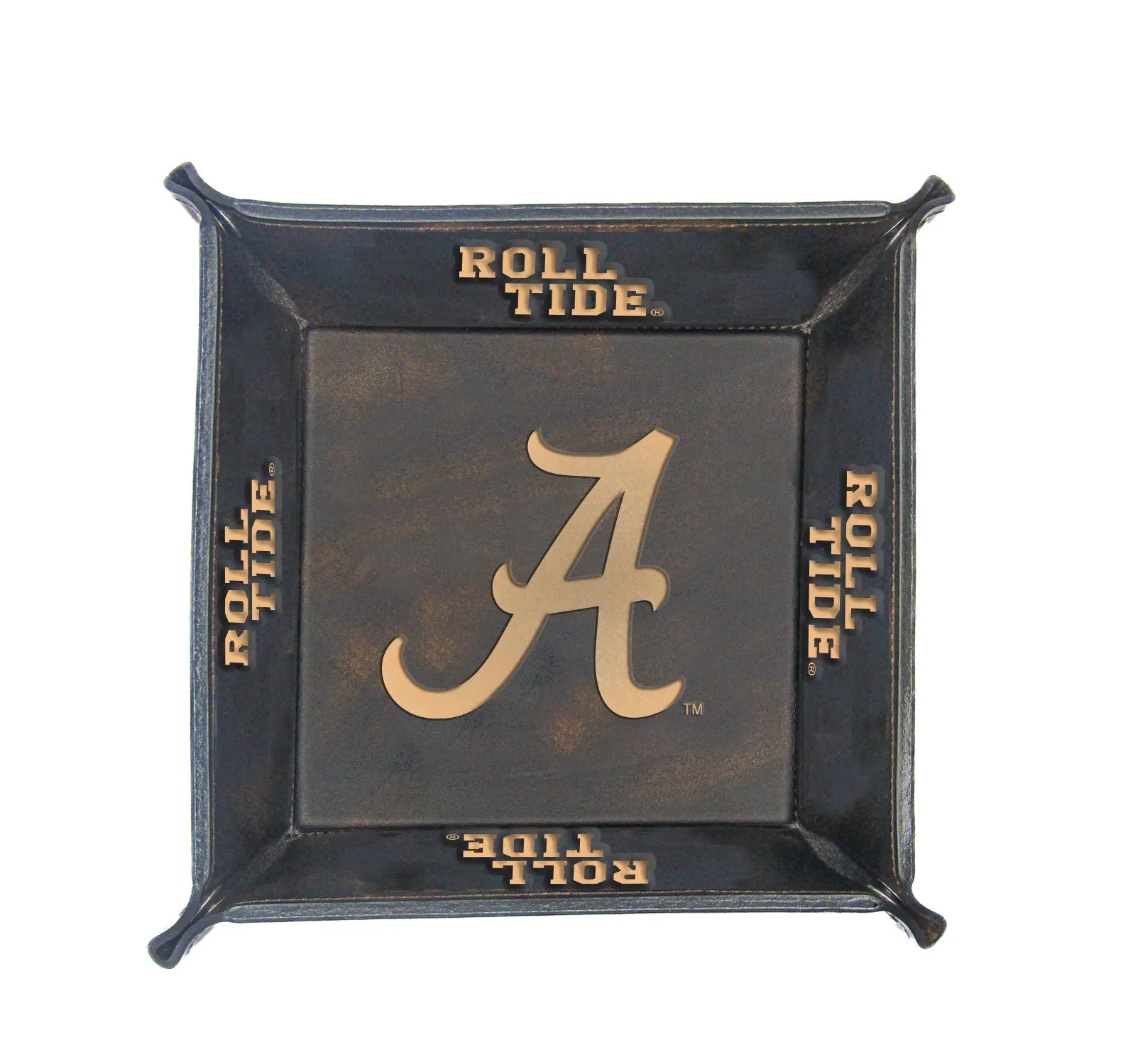 Alabama Crimson Tide Men's Collegiate Valet Tray, Catch-all, Desk Organizer, Nightstand Tray. Brown Burnished Full Grain Leather Finish.