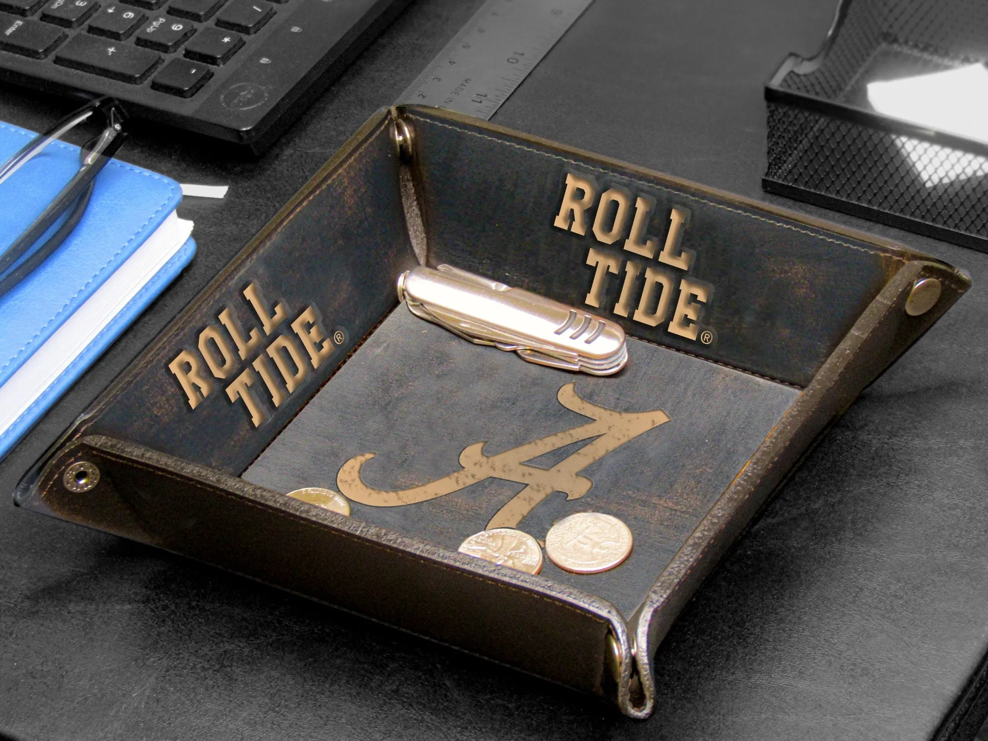 Alabama Crimson Tide Men's Collegiate Valet Tray, Catch-all, Desk Organizer, Nightstand Tray. Brown Burnished Full Grain Leather Finish.