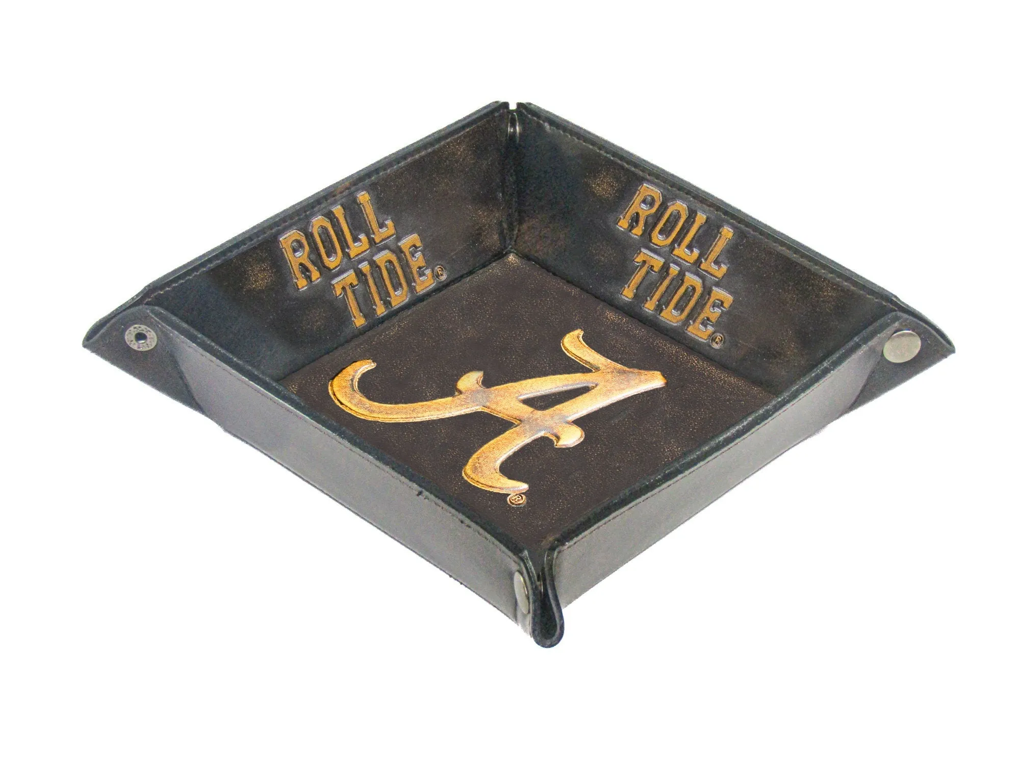 Alabama Crimson Tide Men's Collegiate Valet Tray, Catch-all, Desk Organizer, Nightstand Tray. Brown Burnished Full Grain Leather Finish.