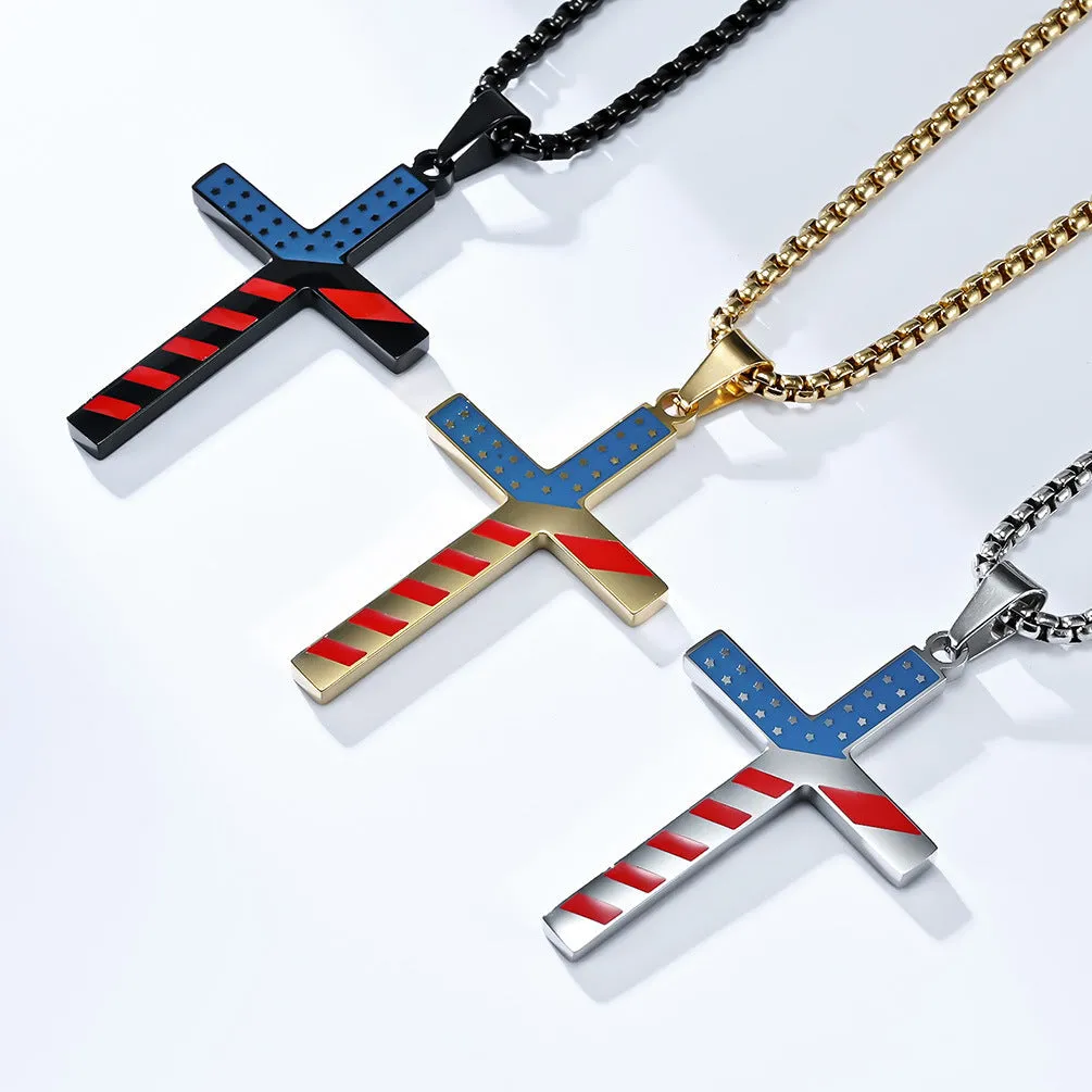 American Stars and Stripes Titanium Steel Cross Necklace