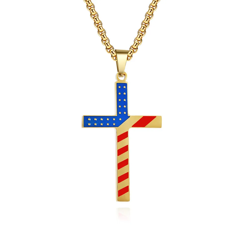 American Stars and Stripes Titanium Steel Cross Necklace