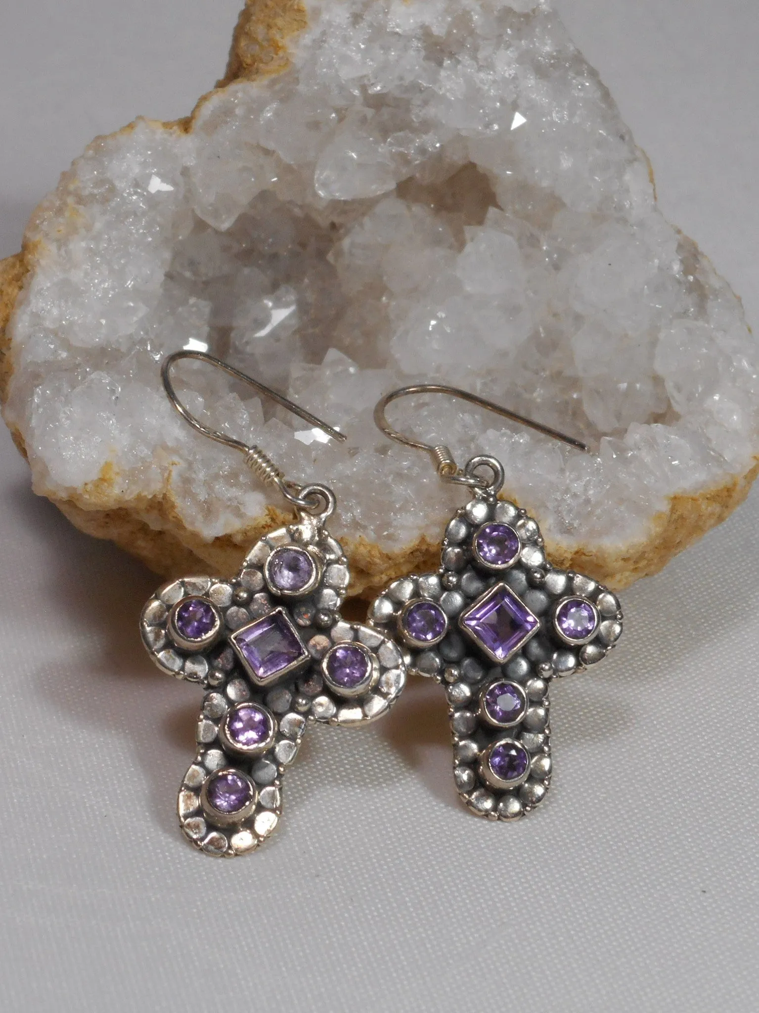 Amethyst Quartz Jeweled Cross Earring Set