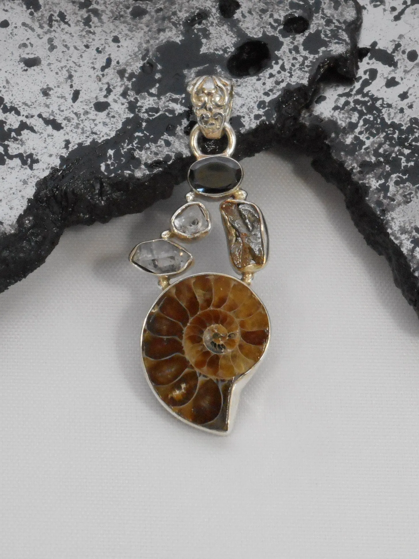 Ammonite Fossil Pendant 10 with Meteorite, Onyx and Herkimer Diamond Quartz Crystals