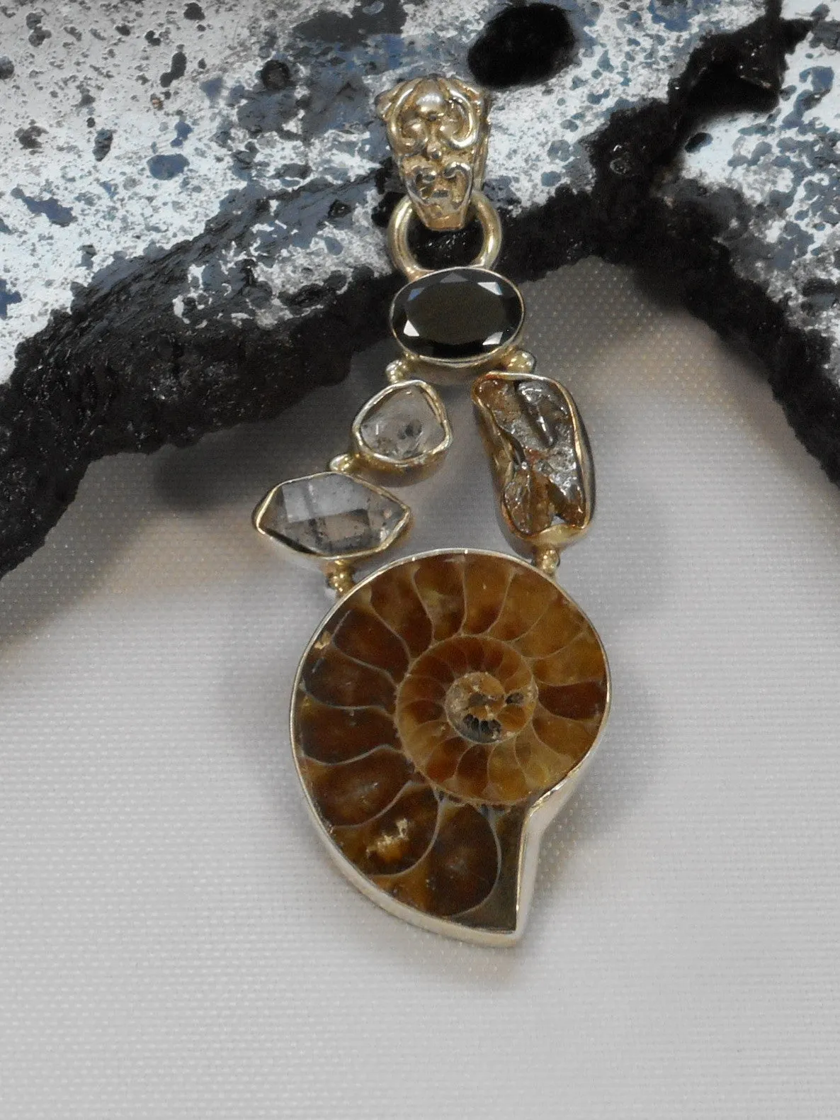 Ammonite Fossil Pendant 10 with Meteorite, Onyx and Herkimer Diamond Quartz Crystals
