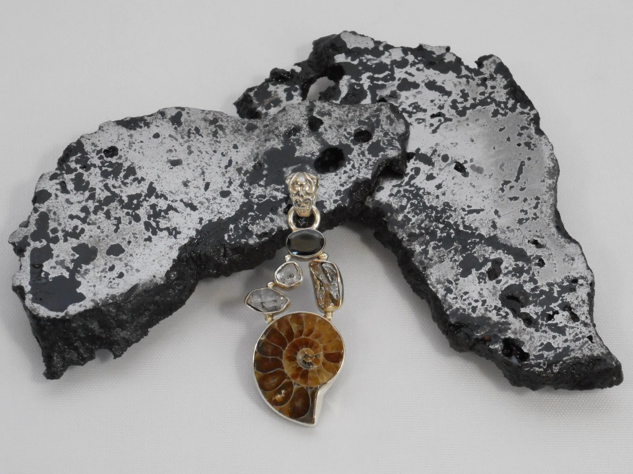 Ammonite Fossil Pendant 10 with Meteorite, Onyx and Herkimer Diamond Quartz Crystals