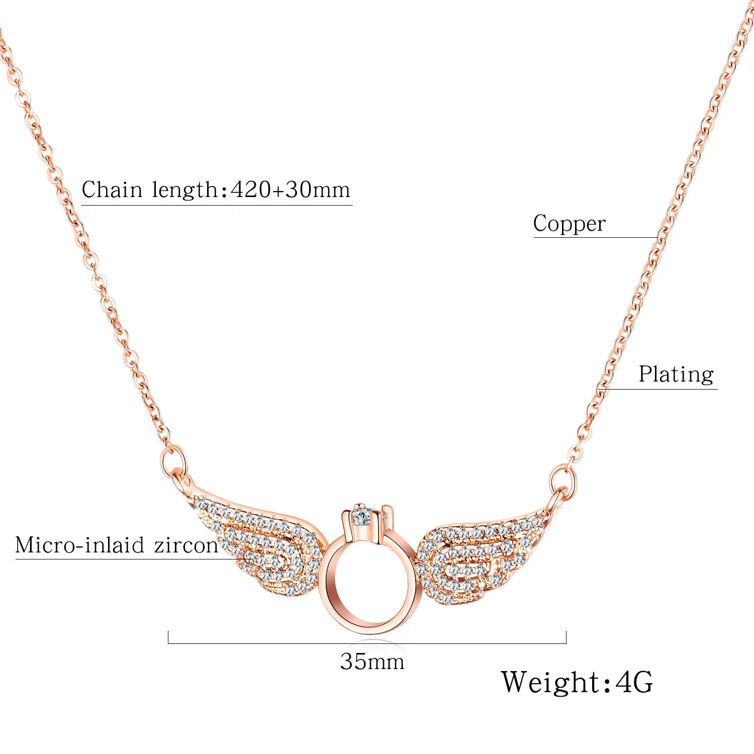 Angel Wings Diamond Ring Necklace Copper Plated 18K Gold Jewelry