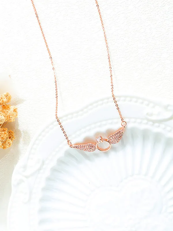 Angel Wings Diamond Ring Necklace Copper Plated 18K Gold Jewelry