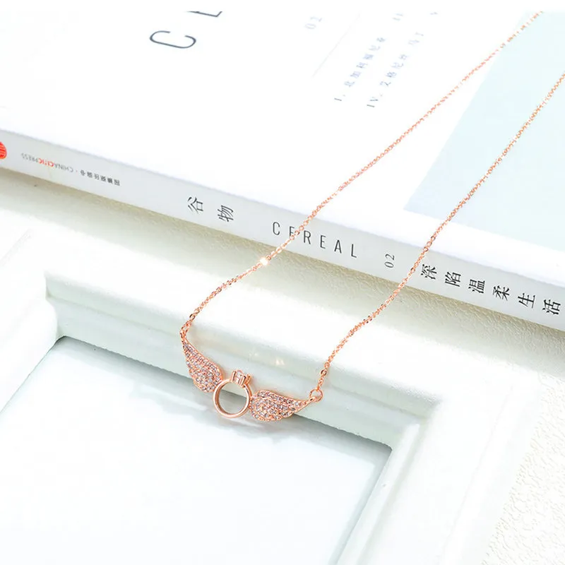 Angel Wings Diamond Ring Necklace Copper Plated 18K Gold Jewelry